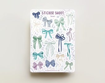 Sticker Sheet - Bows Blue | journal stickers, calendar, ribbon art, planner stickers, girly scrapbook stickers, cozy art, illustration, blue