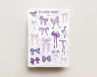 May include: A sticker sheet featuring various bow designs in shades of purple, lavender, and cream. The sheet includes the text "STICKER SHEET bows" and the website "moehrenkunst.de". The bows are in different styles and sizes, with a white background.