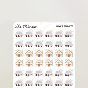 May include: A sheet of stickers featuring pink cars and houses with happy faces. The stickers are designed for home and commute themes. The text "The Minis" is at the top of the sheet.