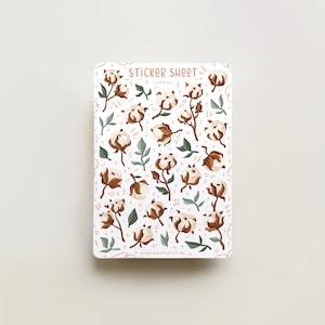 Feuille d'autocollants - Coton | Stickers de carnet, calendrier, autocollants pour agenda, autocollants floraux, fleurs, verdure, feuillage, coton, tissu, plantes