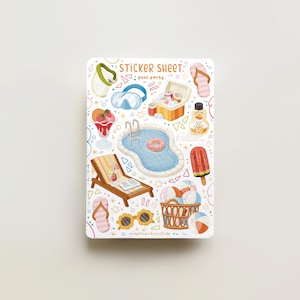 Puede incluir: Una hoja de pegatinas con temática de fiesta en la piscina. La hoja presenta ilustraciones de una piscina, una tumbona, gafas de sol, helados y otros artículos con temática de verano. El texto "STICKER SHEET: pool party" está en la parte superior.