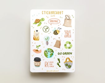 Sticker Sheet - Earth (CLEARANCE) | journal stickers, calendar, planner stickers, eco friendly, environment, kawaii, vegan, organic