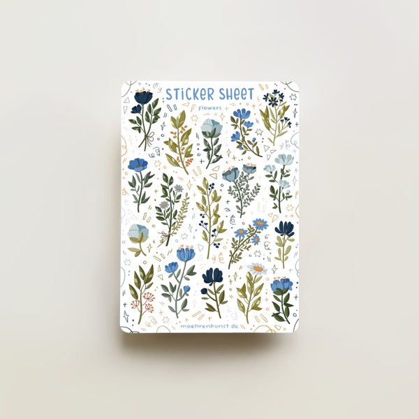 Sticker Sheet - Flowers (Blue) | journal stickers, calendar, planner stickers, seasonal stickers, floral stickers, colorful stickers, flower