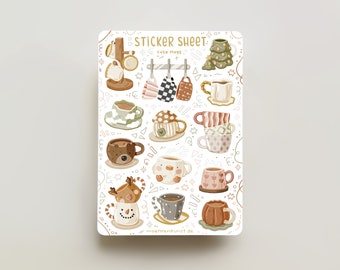 Feuille d'autocollants - Mugs mignons | stickers pour carnet de voyage, calendrier, stickers pour agenda, oeuvre d'art cosy, céramique, café, thé, boisson, soins personnels, illustration