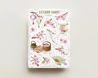 Stickervel - Sakura | dagboekstickers, plannerstickers, plakboekstickers, gezellige kunst, illustratie, kersenbloesem, Japan, Aziatisch