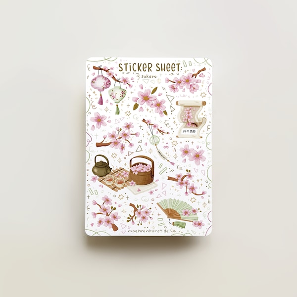 Sticker Sheet - Sakura | journal stickers, planner stickers, scrapbook stickers, cozy art, illustration, cherry blossom, japan, asian