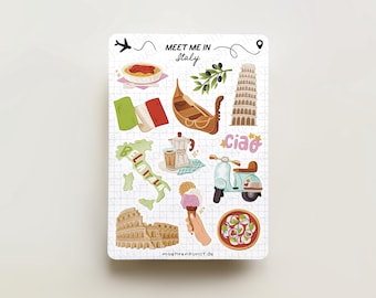 Meet Me In Italy | journal stickers, calendar, planner stickers, scrapbook stickers, illustration, sticker sheet, traveling, vacation