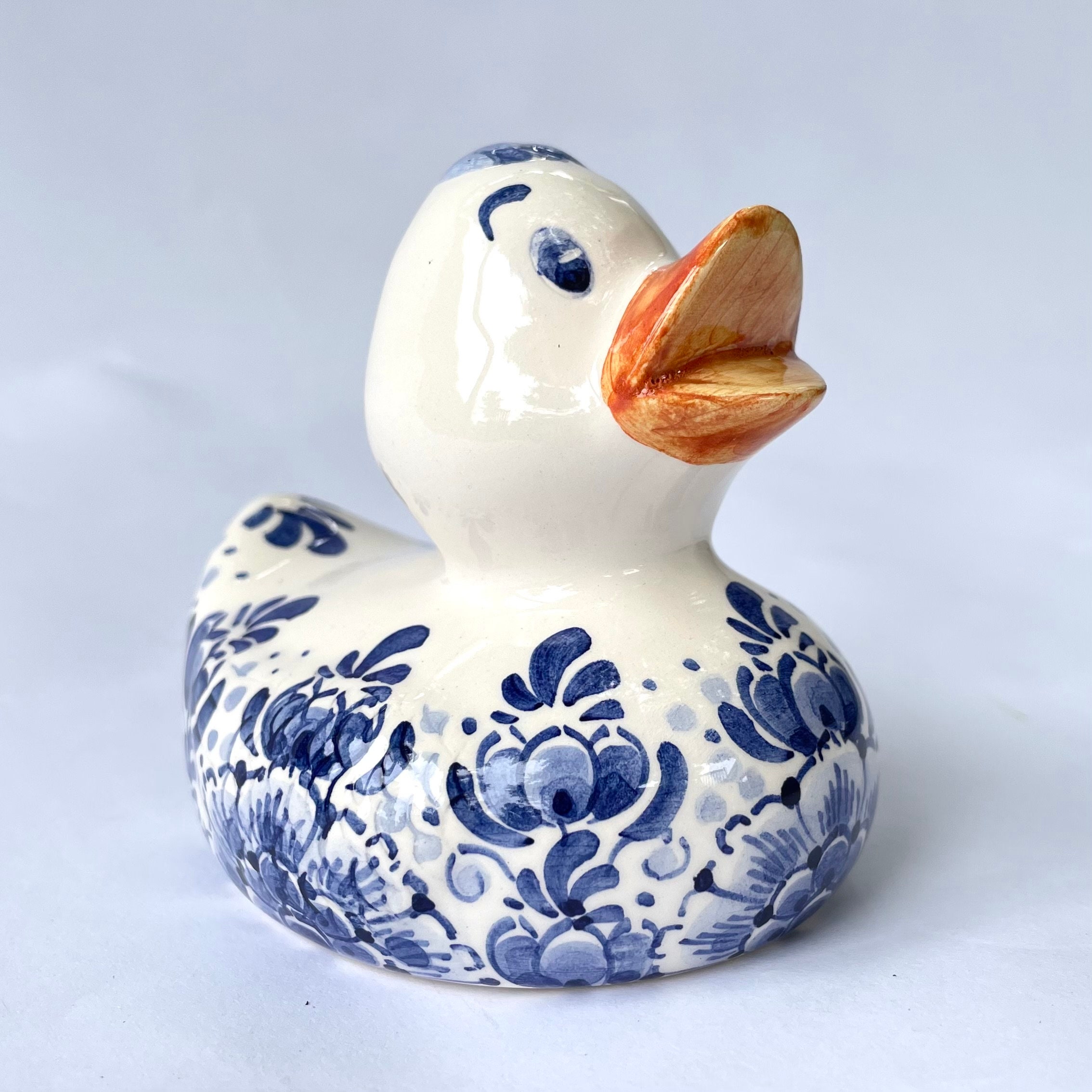 Hand-painted Delft Blue Rubber Duck With Yellow Beak 