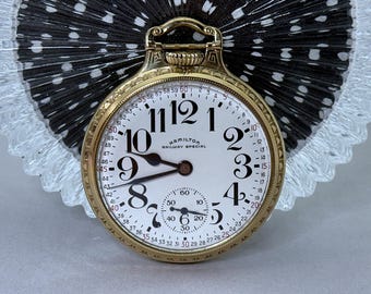 Reloj de bolsillo Hamilton 992B Railway Special de 1948: tamaño 16, 21 rubíes, chapado en oro