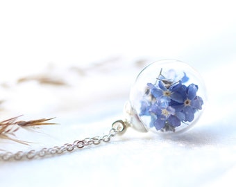 real forget-me-not 925 sterling silver necklace, wedding, souvenir gift, necklace with dried flowers