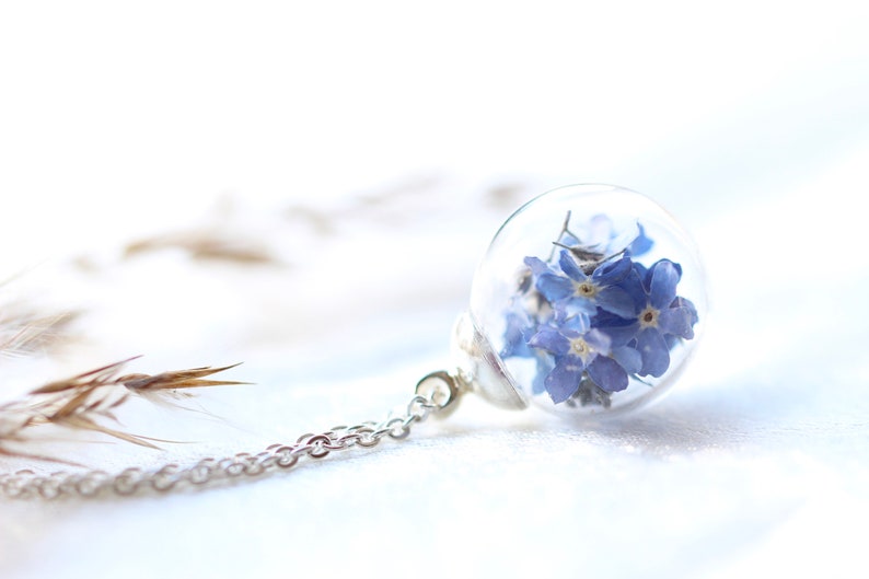 real forget-me-not 925 sterling silver necklace, wedding, souvenir gift, necklace with dried flowers image 1