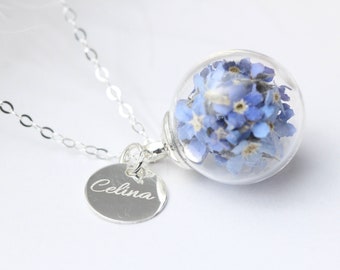 real forget-me-not necklace in 926 silver with engraved pendant, wedding, souvenir gift, necklace with dried flowers