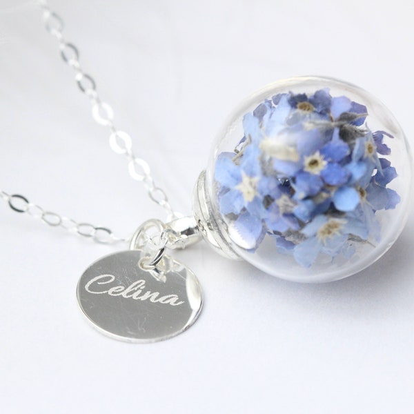 Véritable collier myosotis en argent 926 avec pendentif gravé, mariage, cadeau souvenir, collier avec fleurs séchées