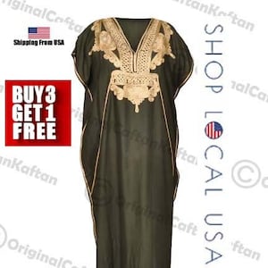 Caftan 10 couleurs Caftan robe marocaine pour femme en coton doux vêtements de détente ethniques longue robe verte motif brodé taille unique robe maxi image 1