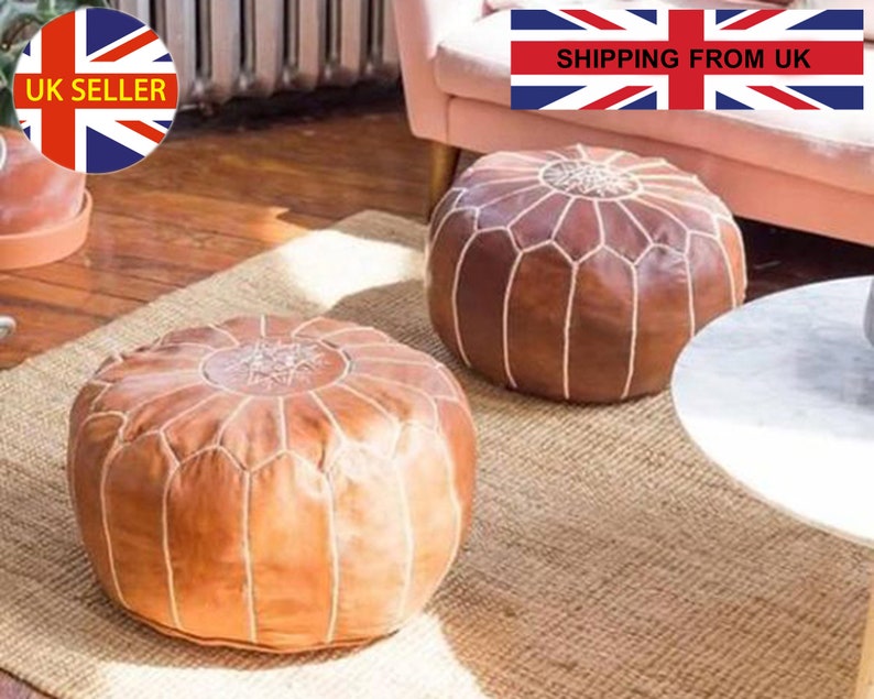 STUFFED FILLED Moroccan Pouf Leather, Round, Pouffe, Natural, Brown Ottoman Handmade Cover, Tan Stool, Large, Footstool, Chair, Nursery 画像 9