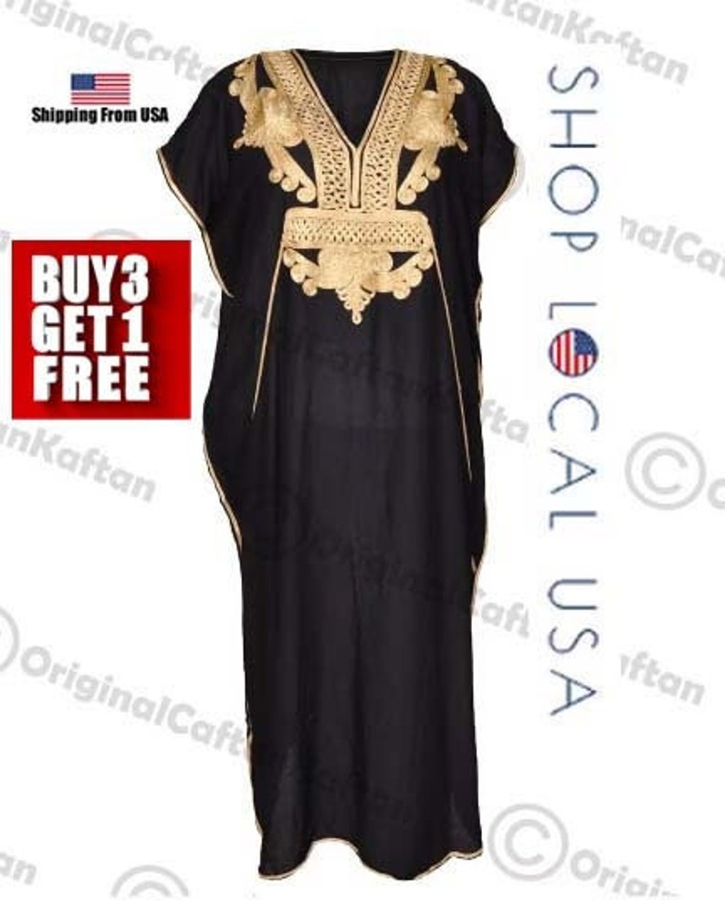 Kaftan Caftan Moroccan Dress for Women Cotton Soft Ethnic Loungewear Long Black robe embroidered pattern one size sewing maxi gown plus size image 1