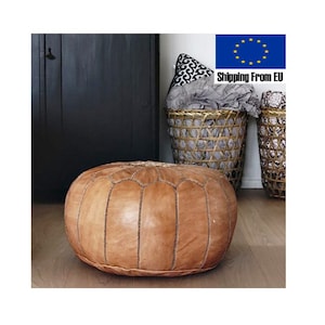 STUFFED FILLED Moroccan Pouf Leather Handmade Footstool, Natural, Stool, Large, Ottoman, Cover, Round, Pouffe, Nursery, Insert, Morocco Boho image 1