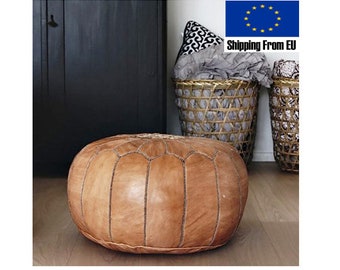 STUFFED FILLED Moroccan Pouf Leather Handmade Footstool, Natural, Stool, Large, Ottoman, Cover, Round, Pouffe, Nursery, Insert, Morocco Boho