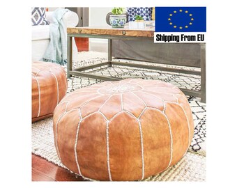 STUFFED FILLED Moroccan Pouf Leather, Round, Pouffe, Natural, Brown Ottoman Handmade Cover, Tan Stool, Large, Footstool Cover, Chair, Insert