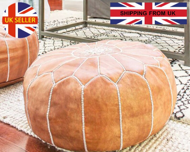 Set of 2 Moroccan pouf pouffe leather STUFFED FILLED filling footstool cover, handmade, chair, nursery, ottoman, round, insert boho, natural image 2