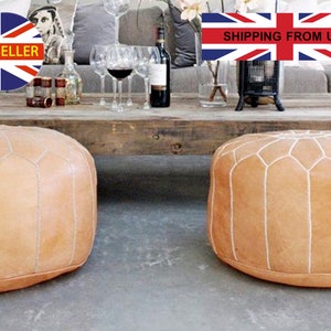 STUFFED FILLED Moroccan Pouf Leather Handmade Footstool, Natural, Stool, Large, Ottoman, Cover, Round, Pouffe, Nursery, Insert, Morocco Boho image 9