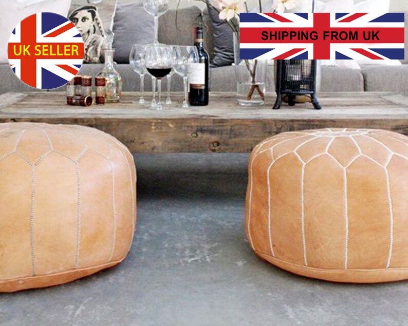 STUFFED FILLED Moroccan Pouf Leather Handmade Footstool, Natural, Stool, Large, Ottoman, Cover, Round, Pouffe, Nursery, Insert, Morocco Boho image 9