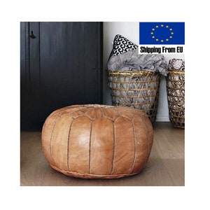 STUFFED FILLED Moroccan pouf pouffe leather, filling footstool cover, handmade, chair, nursery, ottoman, round, insert, boho, natural, pair image 1