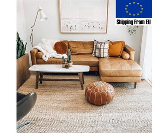 Set of 2 Moroccan Pouf Pouffe Leather STUFFED FILLED Ottoman, Moroccan Footstool Cover Nursery Round Handmade Natural Chair Seat Boho Pair