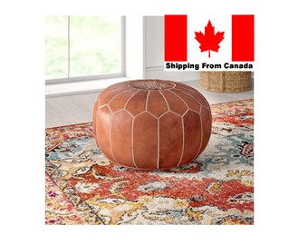 SET OF 2 Stuffed Filled Moroccan Pouf Pouffe Leather Brown Ottoman Footstool Cover Tan Decor Nursery Chair Insert Round Morocco Fill Tray