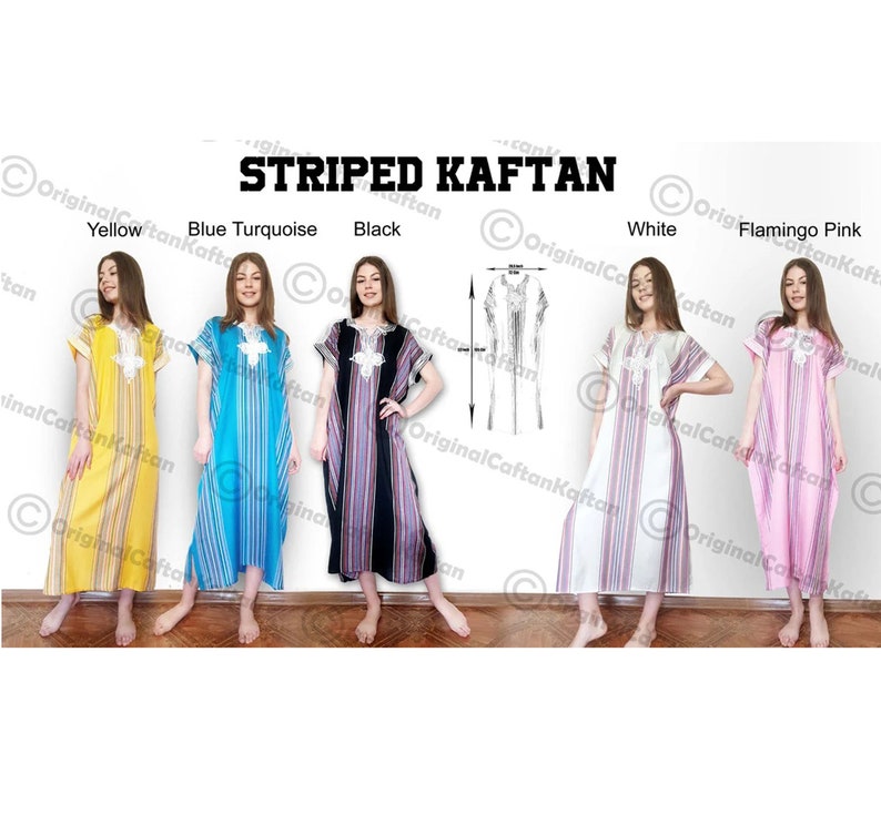 Kaftan 10Colors Caftan Moroccan Dress for Women Cotton Soft Ethnic Loungewear Long Teal robe embroidered pattern one size sewing maxi gown image 3
