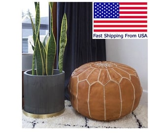 Set of 2 STUFFED FILLED Moroccan Pouf Leather, Round, Pouffe, Natural, Brown Ottoman Handmade Footstool Cover, Tan Stool, Large Nursery