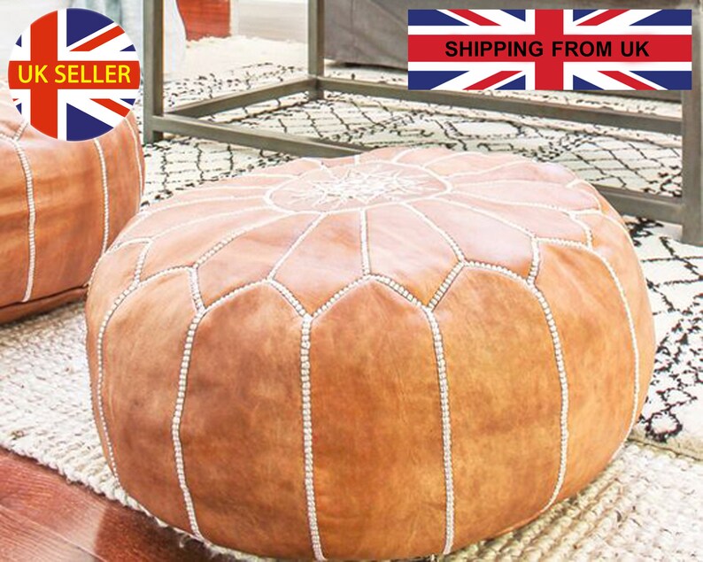 STUFFED FILLED Moroccan pouf pouffe leather, filling footstool cover, handmade, chair, nursery, ottoman, round, insert, boho, natural, pair image 2