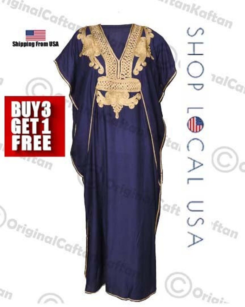 Kaftan 10Colors Caftan Moroccan Dress for Women Cotton Soft Ethnic Loungewear Long Navy robe embroidered pattern one size sewing maxi gown image 1