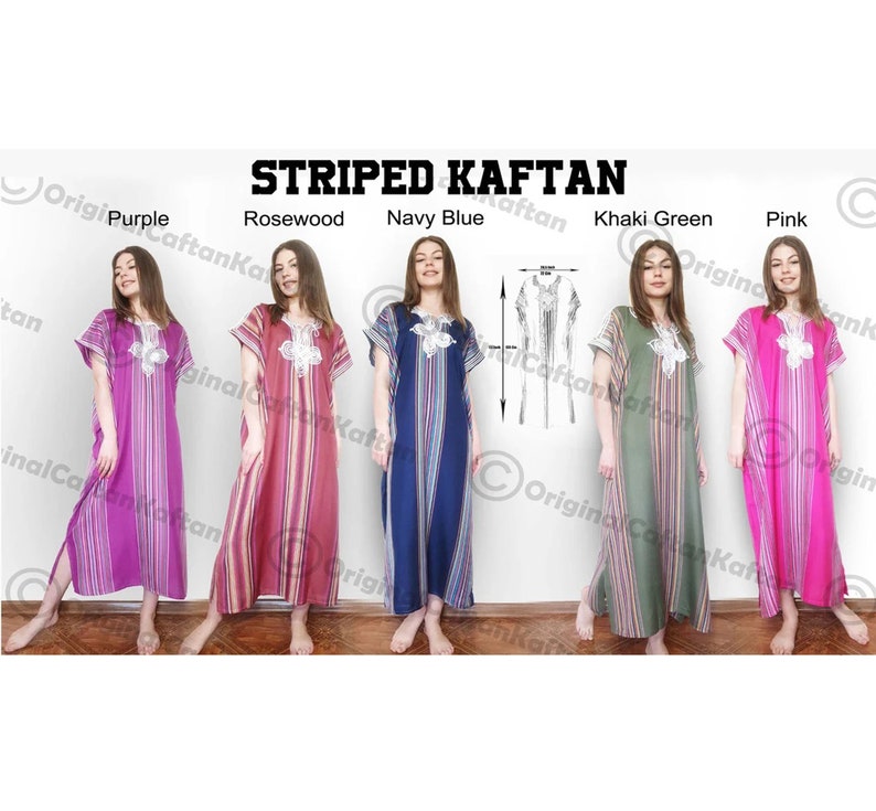 Kaftan 10 Colores para Mujeres Algodón Marroquí Caftan Vestido Algodón Suave Étnico Loungewear Largo Palisandro patrón de bata de un tamaño costura más tamaño imagen 7