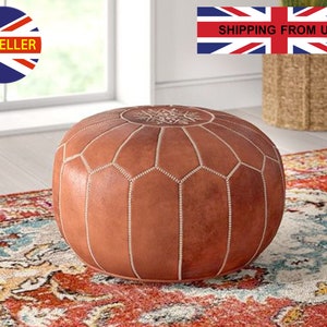 STUFFED FILLED Moroccan pouf pouffe leather, filling footstool cover, handmade, chair, nursery, ottoman, round, insert, boho, natural, pair image 9