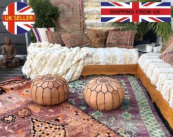 SET DE 2 Puf marroquí Pouffe relleno de cuero marrón otomano cuero reposapiés cubierta redonda hecha a mano vivero Boho, natural, par, asiento