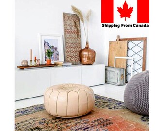 Handmade Moroccan Pouffe Pouf Leather STUFFED FILLED Ottoman Cover Round Wedding Footstool Nursery, Floor, Chair, , Insert, Natural, Morocco