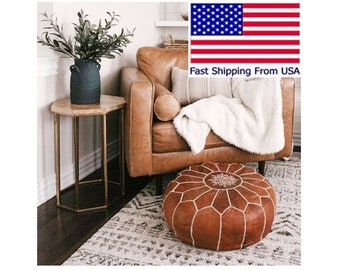 STUFFED FILLED Moroccan Pouf Leather Handmade Footstool, Natural, Stool, Large, Ottoman, Cover, Round, Pouffe, Nursery, Insert, Morocco Boho