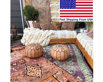 STUFFED FILLED Moroccan Pouf Leather Handmade Footstool, Natural, Stool, Large, Ottoman, Cover, Round, Pouffe, Nursery, Insert, Morocco Boho