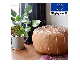 STUFFED FILLED Moroccan Pouf Leather Handmade Footstool, Natural, Stool, Large, Ottoman, Cover, Round, Pouffe, Nursery, Insert, Morocco Boho