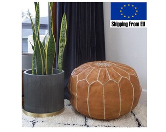 STUFFED FILLED Moroccan Pouf Leather Pouffe Ottoman, Footstool Cover Nursery Handmade, Chair, Pair, Fill, Round, Insert, Boho, Natural, Seat