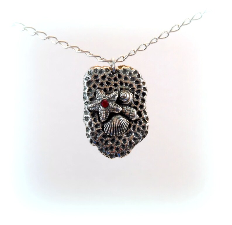 Ocean Theme. PMC Artisan crafted \u201cCoral Reef Friends\u201d Necklace with Lab Ruby