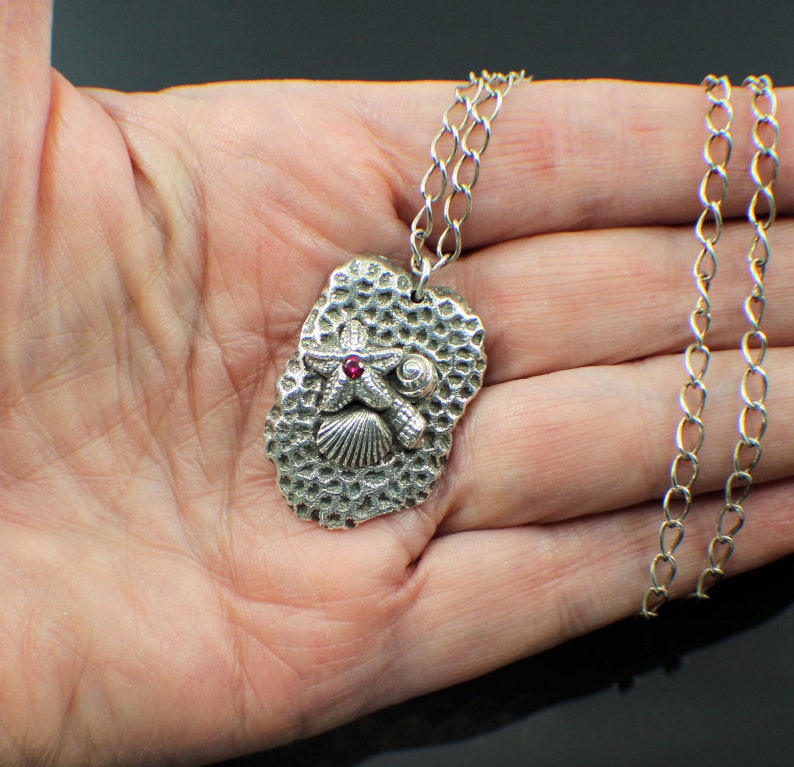 Ocean Theme. PMC Artisan crafted \u201cCoral Reef Friends\u201d Necklace with Lab Ruby