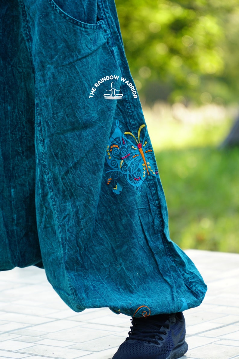 Hippie harem pants in distressed turquoise teal with beautiful embroidered butterflies