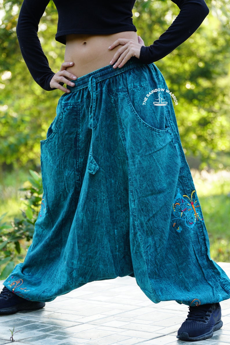 Hippie harem pants in distressed turquoise teal with beautiful embroidered butterflies
