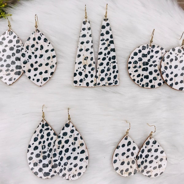 Black and White Spotted Cork Genuine Leather Earrings with 18k Gold-Filled Hooks