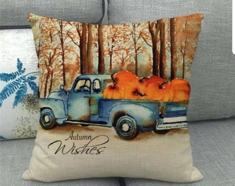 Autumn vintage truck pillow covers, autumn pumpkin decor,  fall throw pillow covers, vintage truck decor