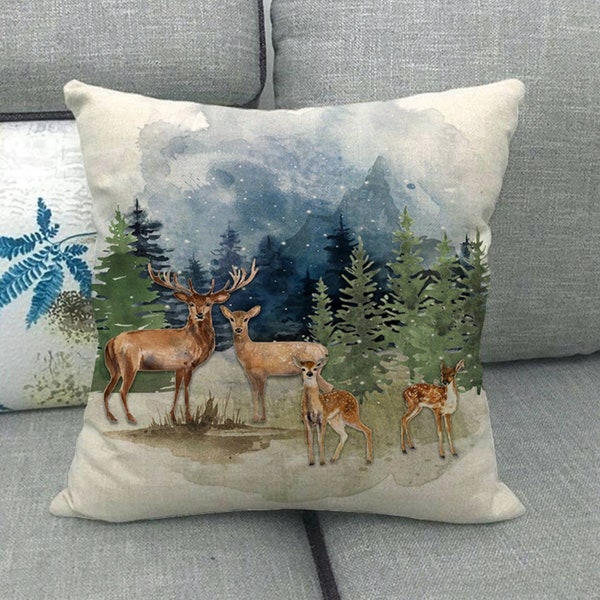 Throw pillow covers, woodland deer decor, , cabin and lodge decor, evergreen trees, deer lovers gift, home gifts.