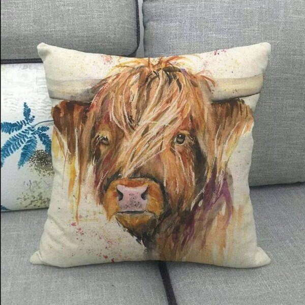 Highland cow pillow cover, shaggy longhaired cow decor, gifts for cow lovers, farmhouse decor, accent home decor, 18x18 inch pillow covers,