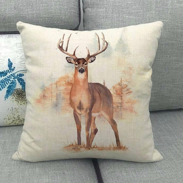 18x18 inch throw pillow cover,  log cabin decor, deer hunters gifts, wildlife home gifts.